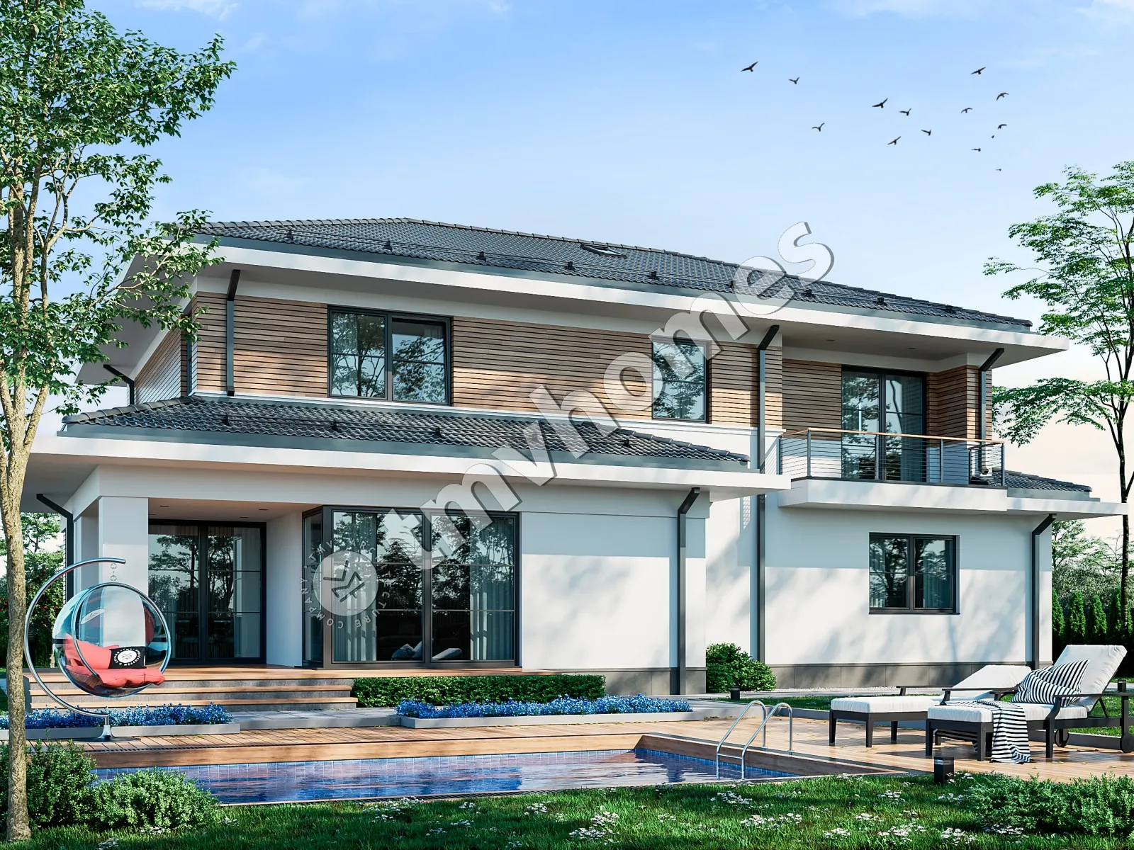 Projekt domu jednorodzinnego o pow. 281 m²: Piętrowy, 4 Sypialnie, Gabinet, 3 Łazienki, Otwarta kuchnia, Garaż