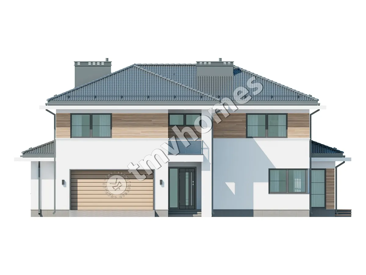 Projekt domu jednorodzinnego o pow. 281 m²: Piętrowy, 4 Sypialnie, Gabinet, 3 Łazienki, Otwarta kuchnia, Garaż