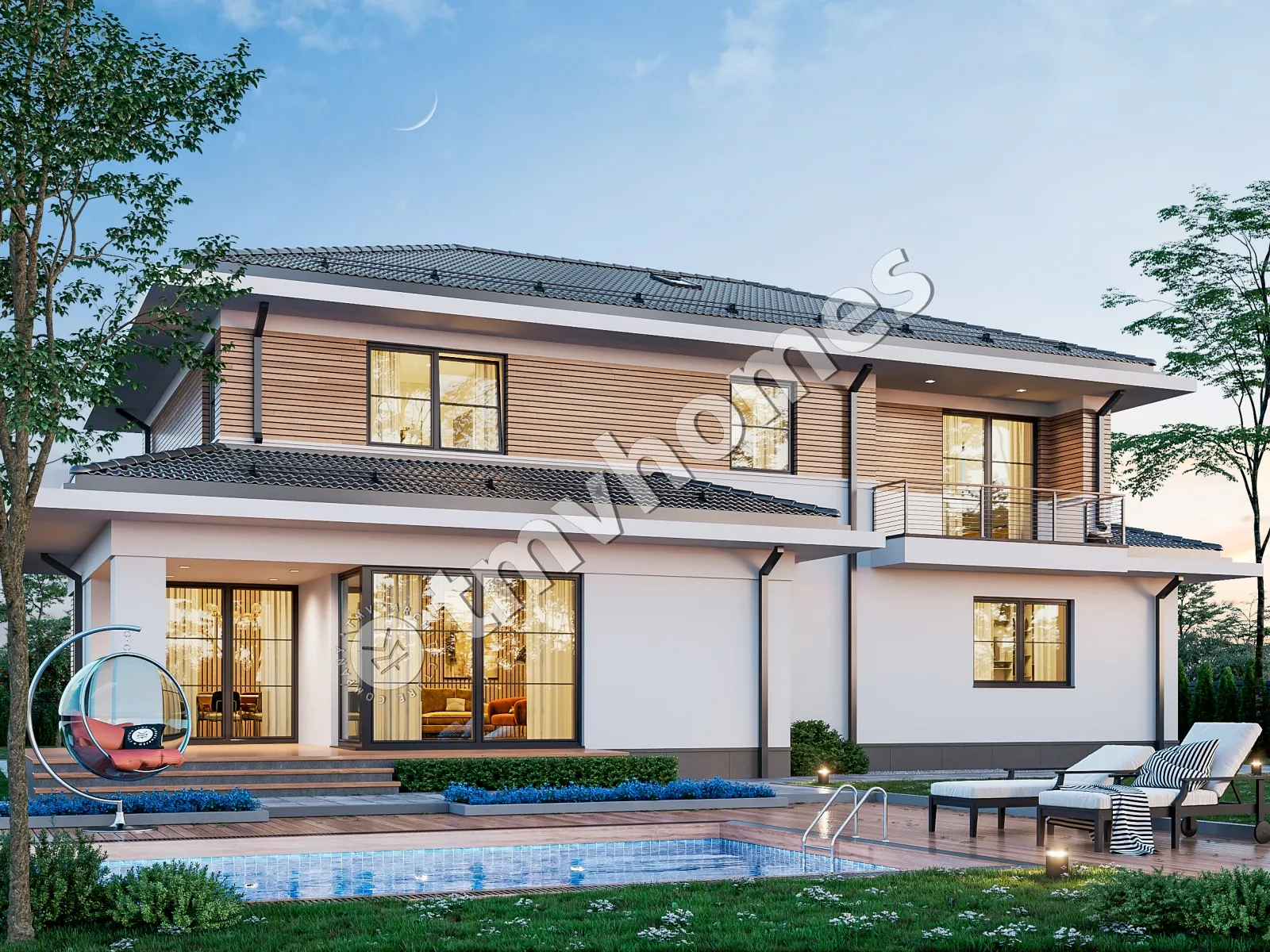 Projekt domu jednorodzinnego o pow. 281 m²: Piętrowy, 4 Sypialnie, Gabinet, 3 Łazienki, Otwarta kuchnia, Garaż