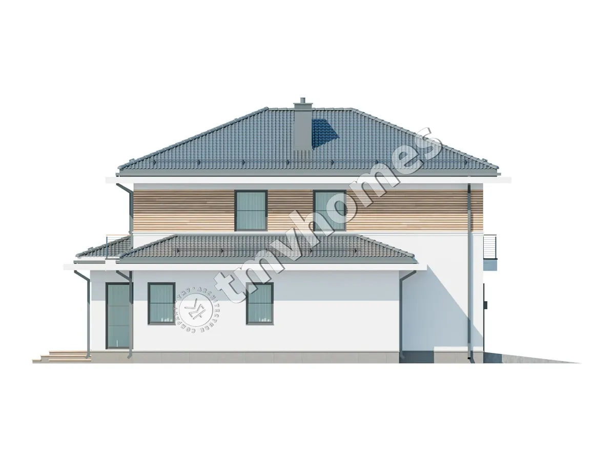 Projekt domu jednorodzinnego o pow. 281 m²: Piętrowy, 4 Sypialnie, Gabinet, 3 Łazienki, Otwarta kuchnia, Garaż
