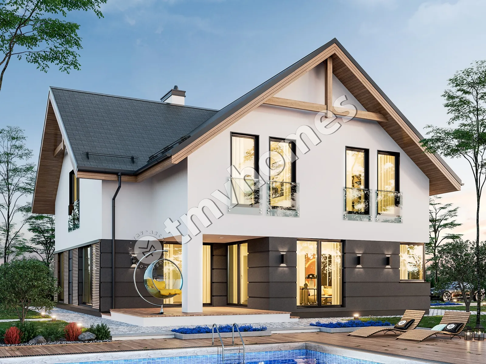 Projekt domu jednorodzinnego o pow. 252 m²: Parterowy z poddaszem użytkowym, 4 Sypialnie, Gabinet, 3 Łazienki, Otwarta kuchnia, Garaż