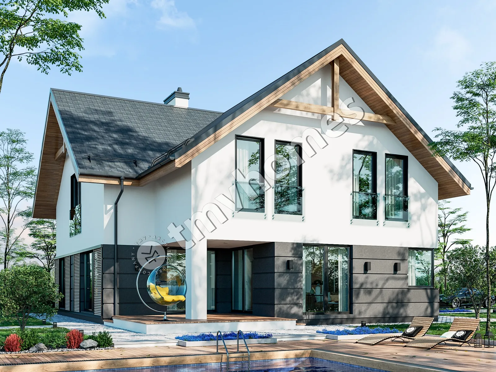 Projekt domu jednorodzinnego o pow. 252 m²: Parterowy z poddaszem użytkowym, 4 Sypialnie, Gabinet, 3 Łazienki, Otwarta kuchnia, Garaż