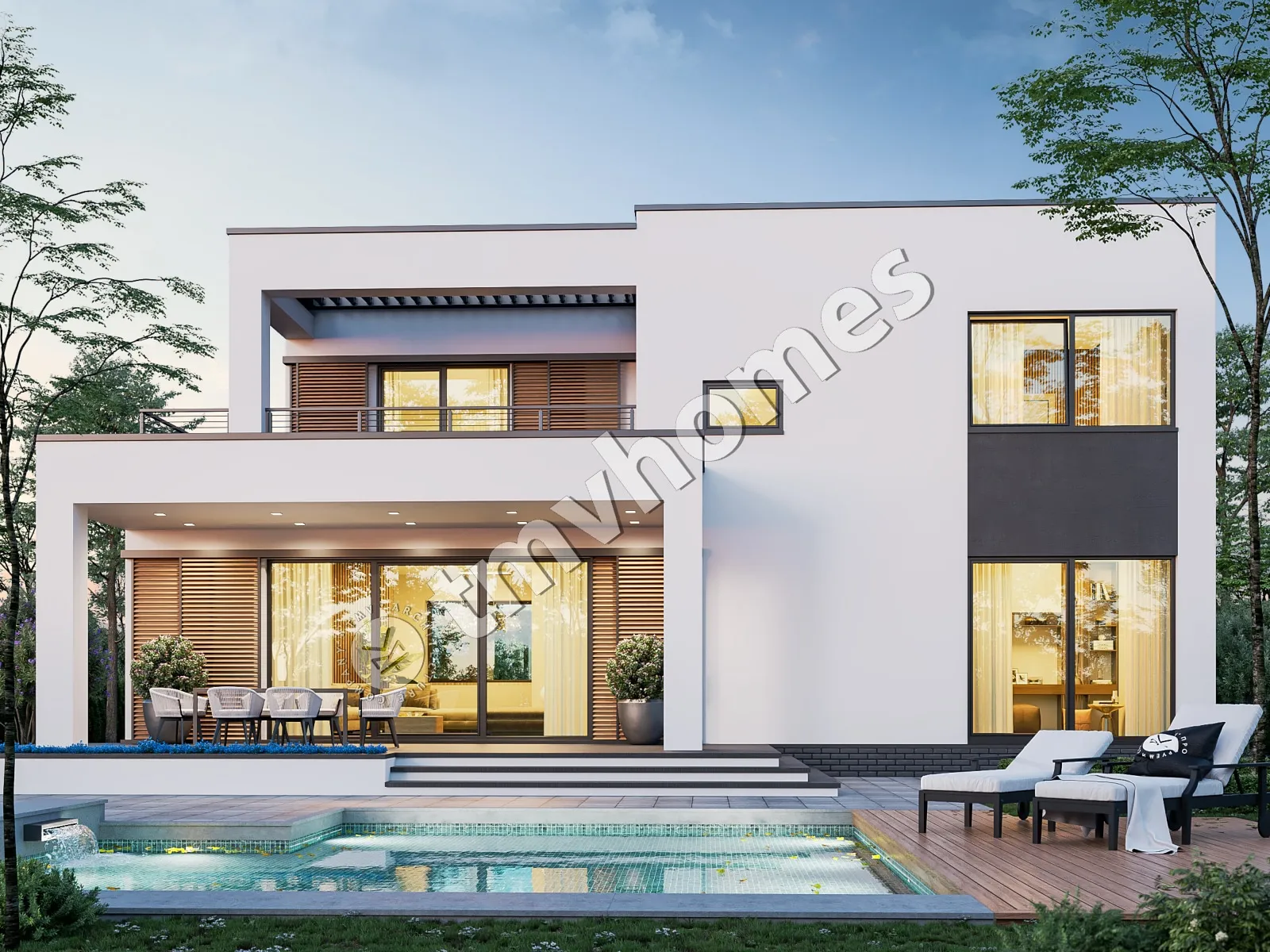 Projekt domu jednorodzinnego o pow. 227 m²: Piętrowy, 3 Sypialnie, Gabinet, 3 Łazienki, Otwarta kuchnia, Garaż