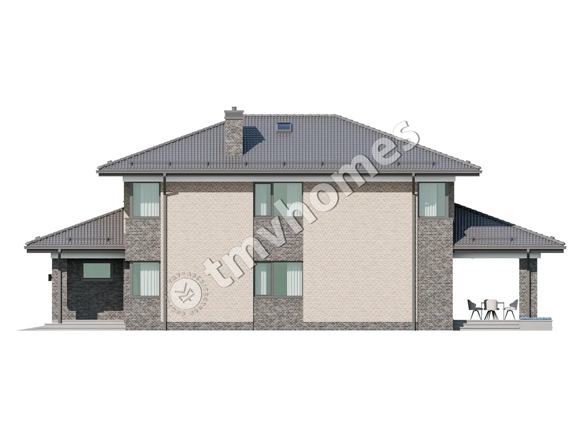 Projekt domu jednorodzinnego o pow. 374 m²: Piętrowy + Piwnica, 3 Sypialnie, Gabinet, 2 Łazienki, Otwarta kuchnia, Garaż