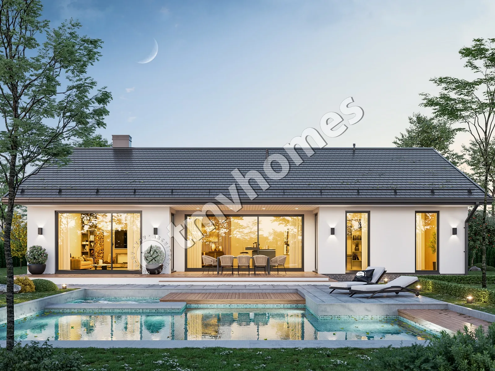 Projekt domu jednorodzinnego o pow. 170 m²: Parterowy, 2 Sypialnie, Gabinet, 2 Łazienki, Otwarta kuchnia