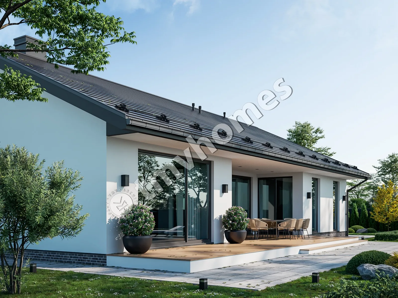 Projekt domu jednorodzinnego o pow. 170 m²: Parterowy, 2 Sypialnie, Gabinet, 2 Łazienki, Otwarta kuchnia