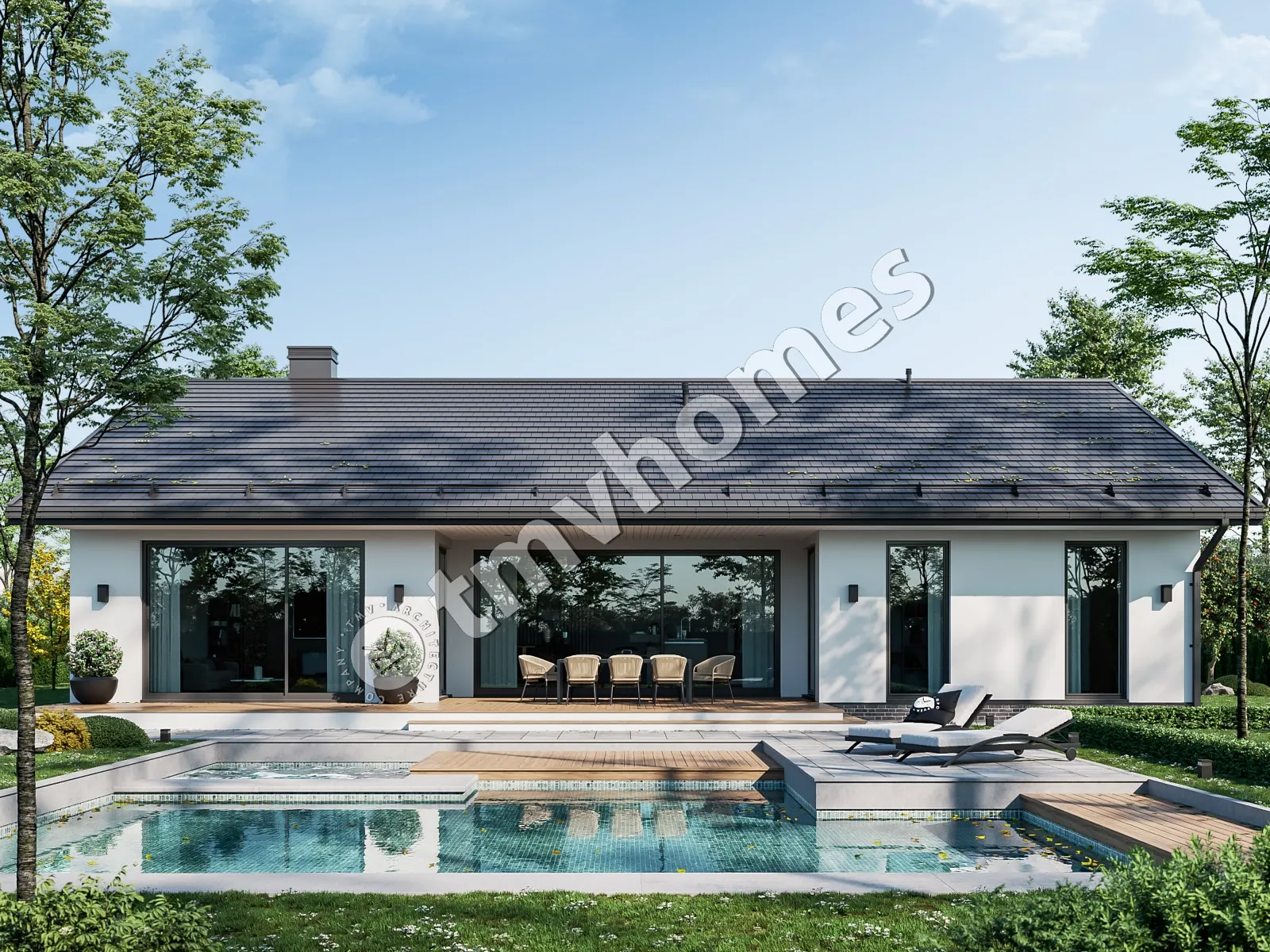 Projekt domu jednorodzinnego o pow. 170 m²: Parterowy, 2 Sypialnie, Gabinet, 2 Łazienki, Otwarta kuchnia