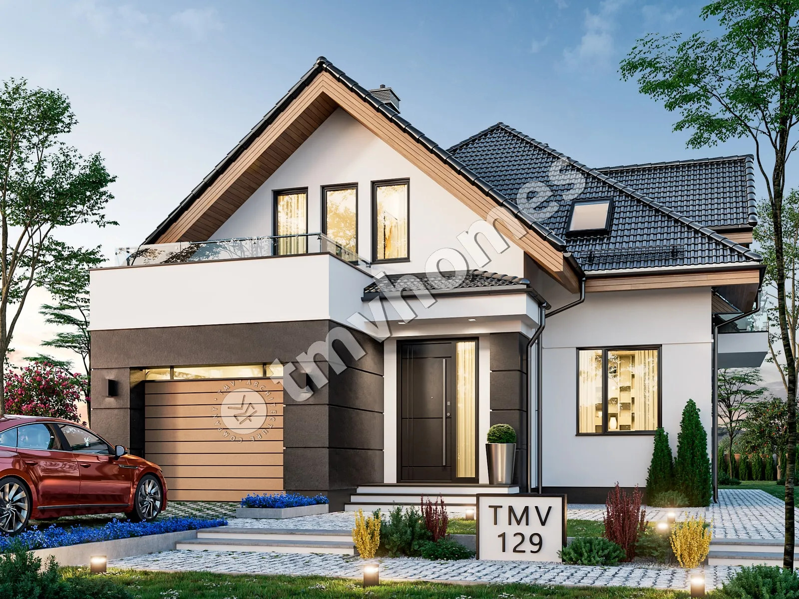 Projekt domu jednorodzinnego o pow. 225 m²: Parterowy z poddaszem użytkowym, 3 Sypialnie, Gabinet, 3 Łazienki, Otwarta kuchnia, Garaż