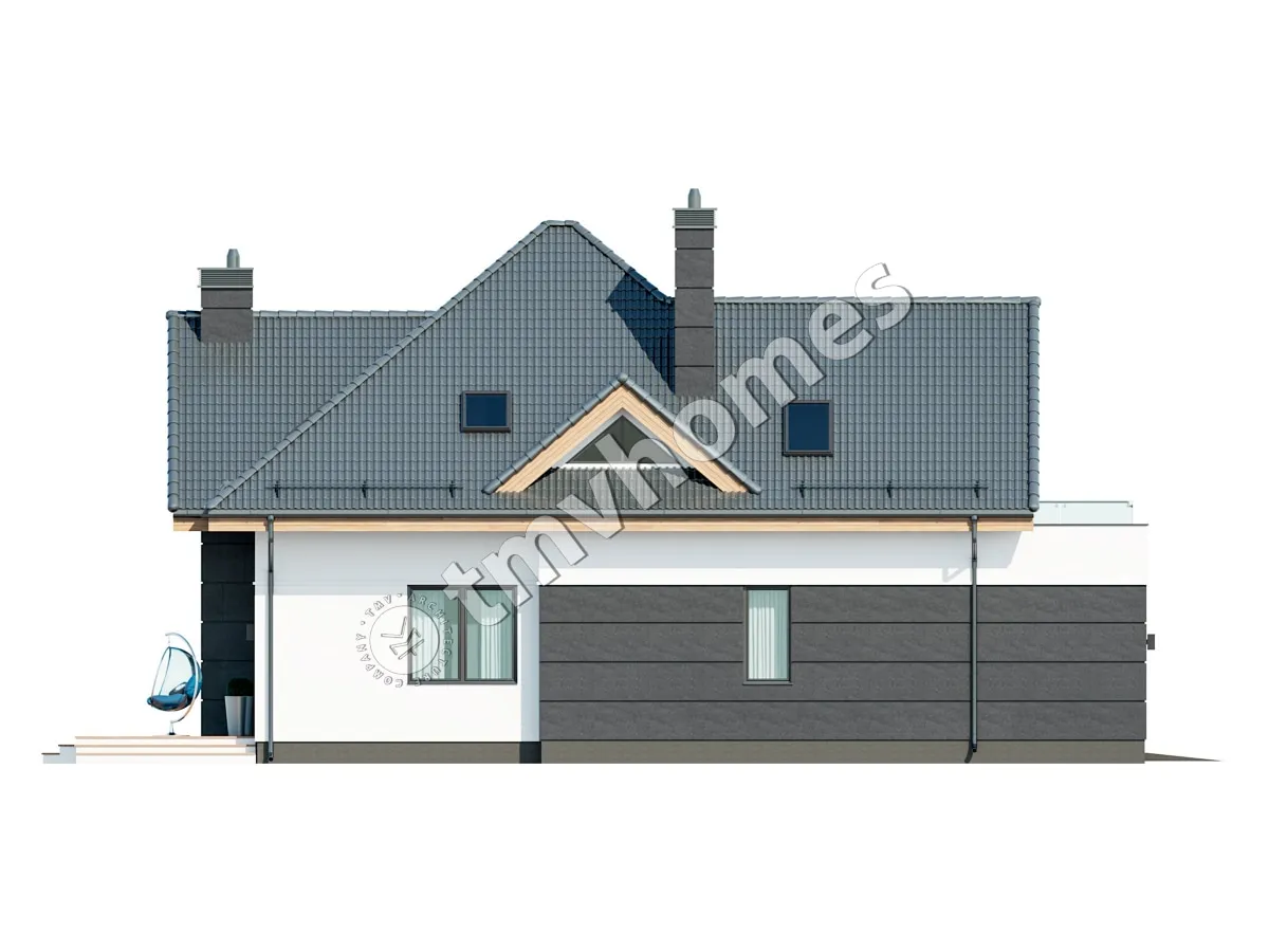 Projekt domu jednorodzinnego o pow. 225 m²: Parterowy z poddaszem użytkowym, 3 Sypialnie, Gabinet, 3 Łazienki, Otwarta kuchnia, Garaż