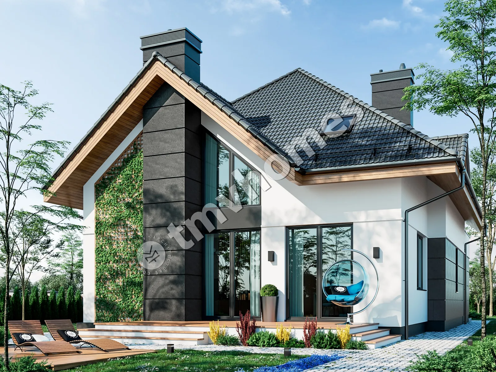 Projekt domu jednorodzinnego o pow. 225 m²: Parterowy z poddaszem użytkowym, 3 Sypialnie, Gabinet, 3 Łazienki, Otwarta kuchnia, Garaż
