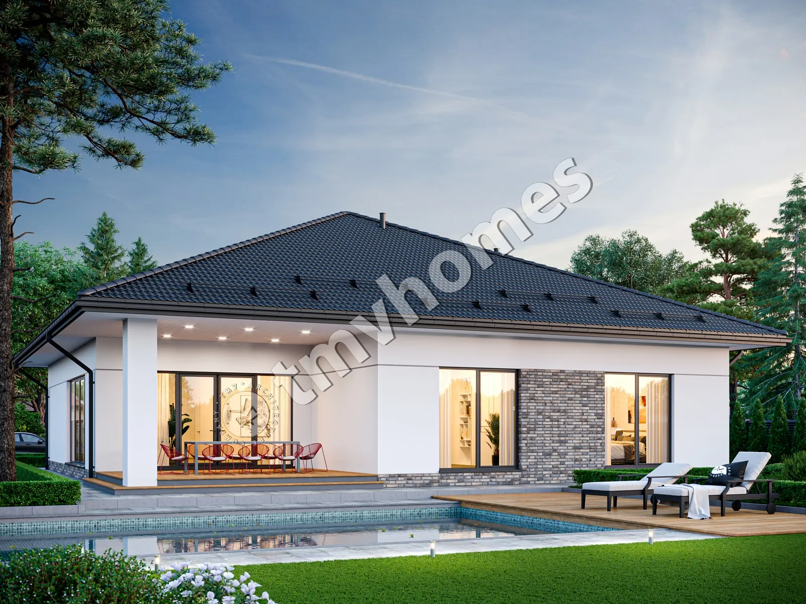 Projekt domu jednorodzinnego o pow. 182 m²: Parterowy, 2 Sypialnie, Gabinet, 2 Łazienki, Otwarta kuchnia