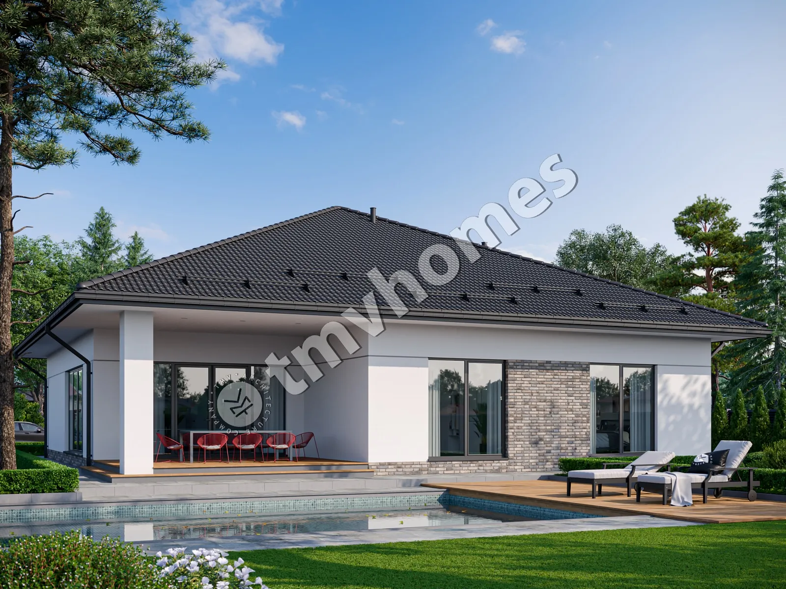 Projekt domu jednorodzinnego o pow. 182 m²: Parterowy, 2 Sypialnie, Gabinet, 2 Łazienki, Otwarta kuchnia