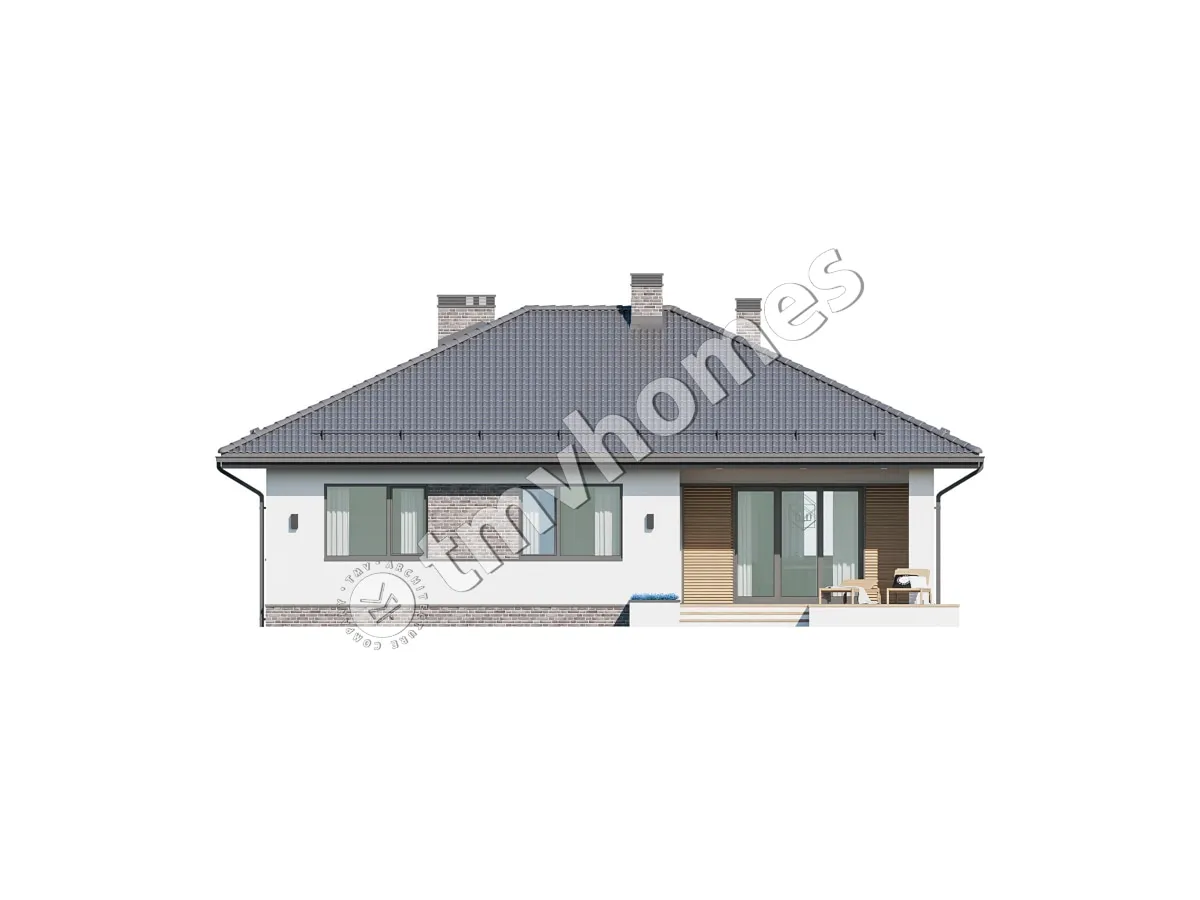 Projekt domu jednorodzinnego o pow. 136 m²: Parterowy, 3 Sypialnie, 2 Łazienki, Otwarta kuchnia, Garaż