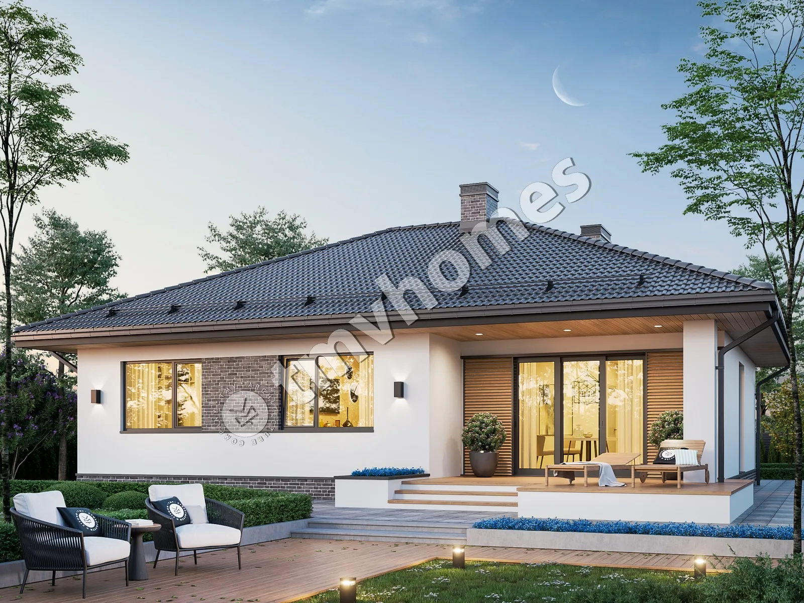 Projekt domu jednorodzinnego o pow. 136 m²: Parterowy, 3 Sypialnie, 2 Łazienki, Otwarta kuchnia, Garaż
