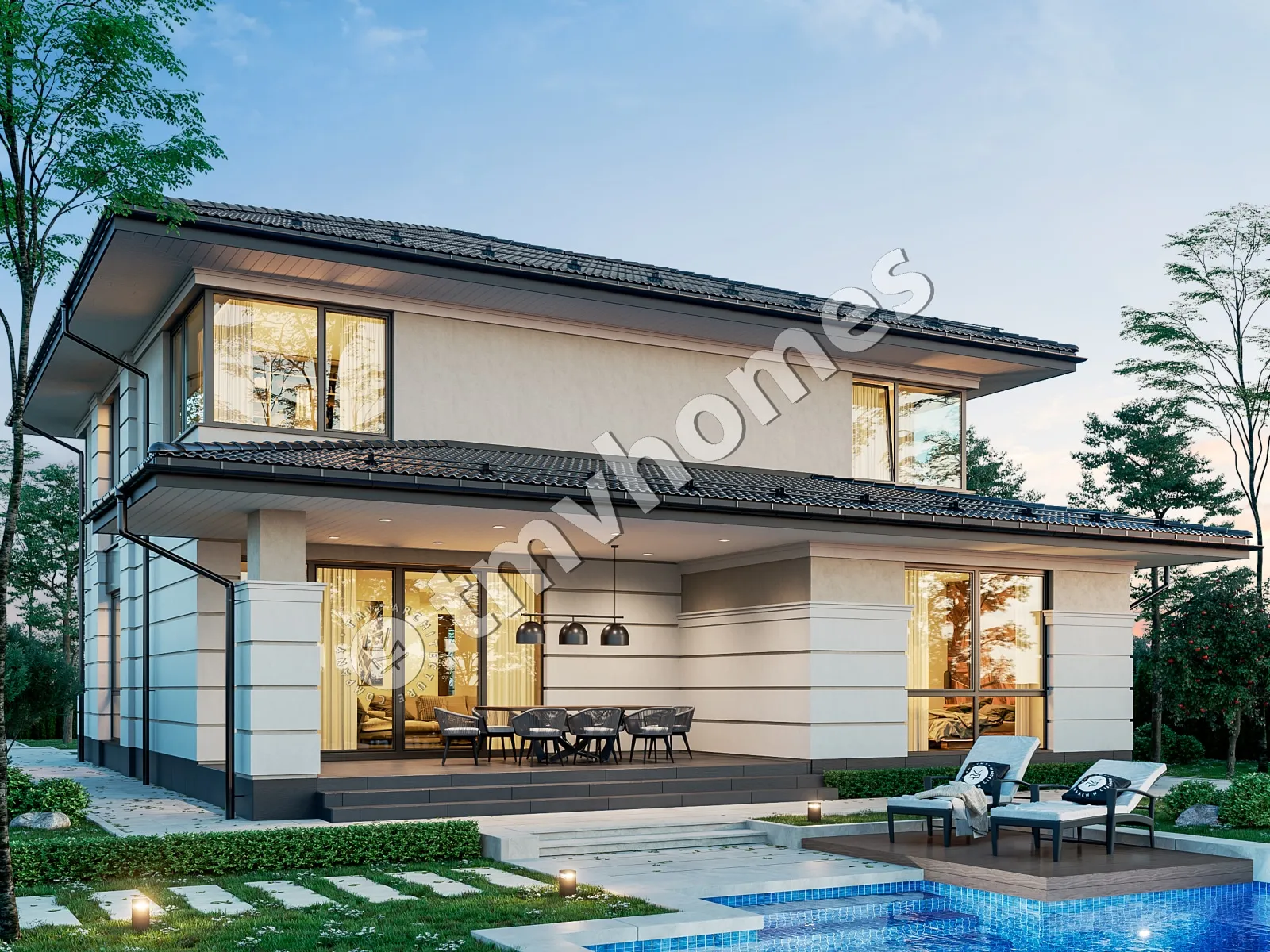 Projekt domu jednorodzinnego o pow. 281 m²: Piętrowy, 4 Sypialnie, Gabinet, 3 Łazienki, Otwarta kuchnia