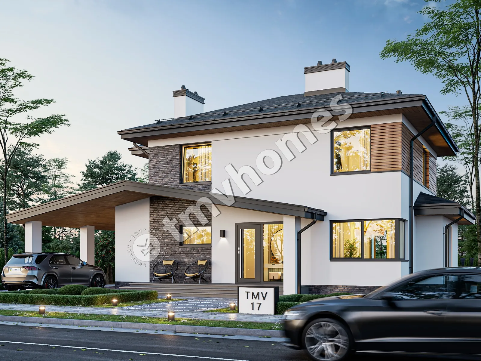 Projekt domu jednorodzinnego o pow. 177 m²: Piętrowy, 3 Sypialnie, 3 Łazienki, Otwarta kuchnia, Wiata