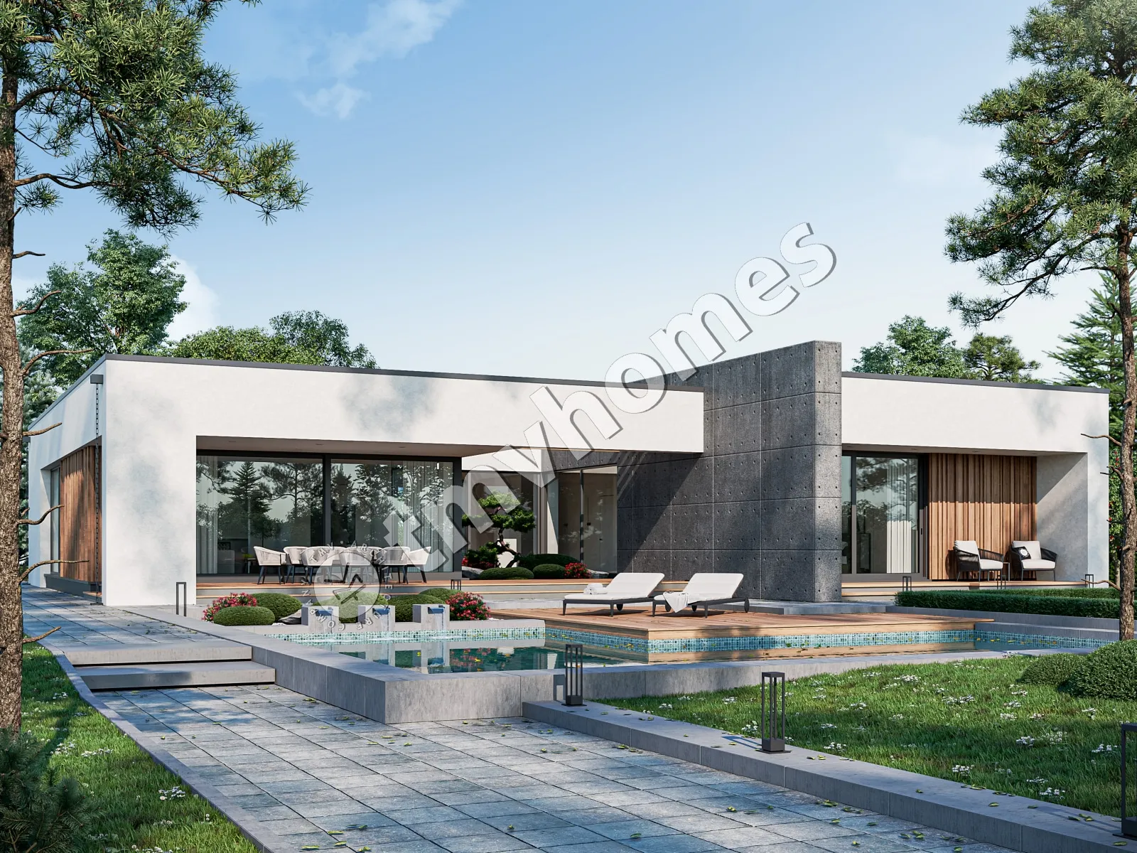 Projekt domu jednorodzinnego o pow. 224 m²: Parterowy, 3 Sypialnie, 3 Łazienki, Otwarta kuchnia, Wiata