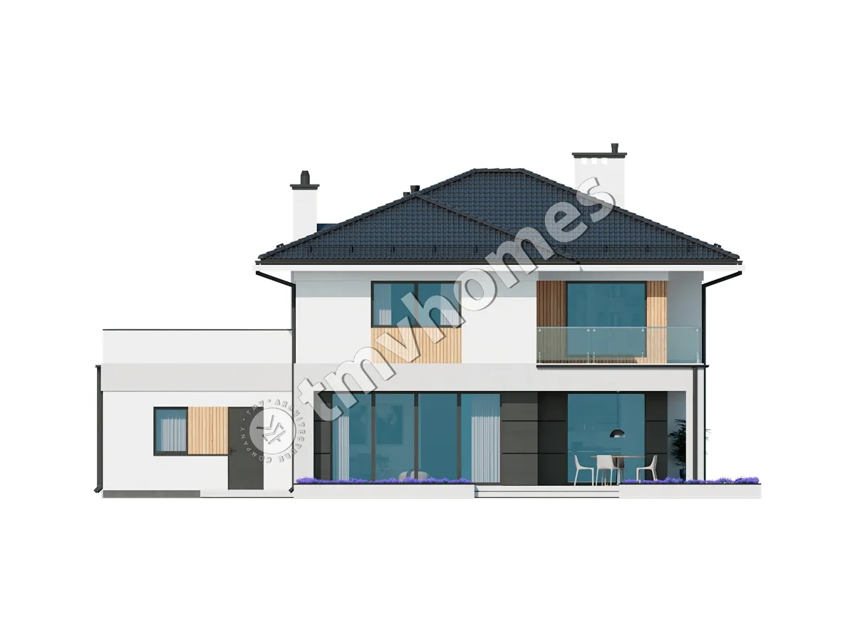 Projekt domu jednorodzinnego o pow. 270 m²: Piętrowy, 2 Sypialnie, Gabinet, 2 Łazienki, Otwarta kuchnia, Garaż