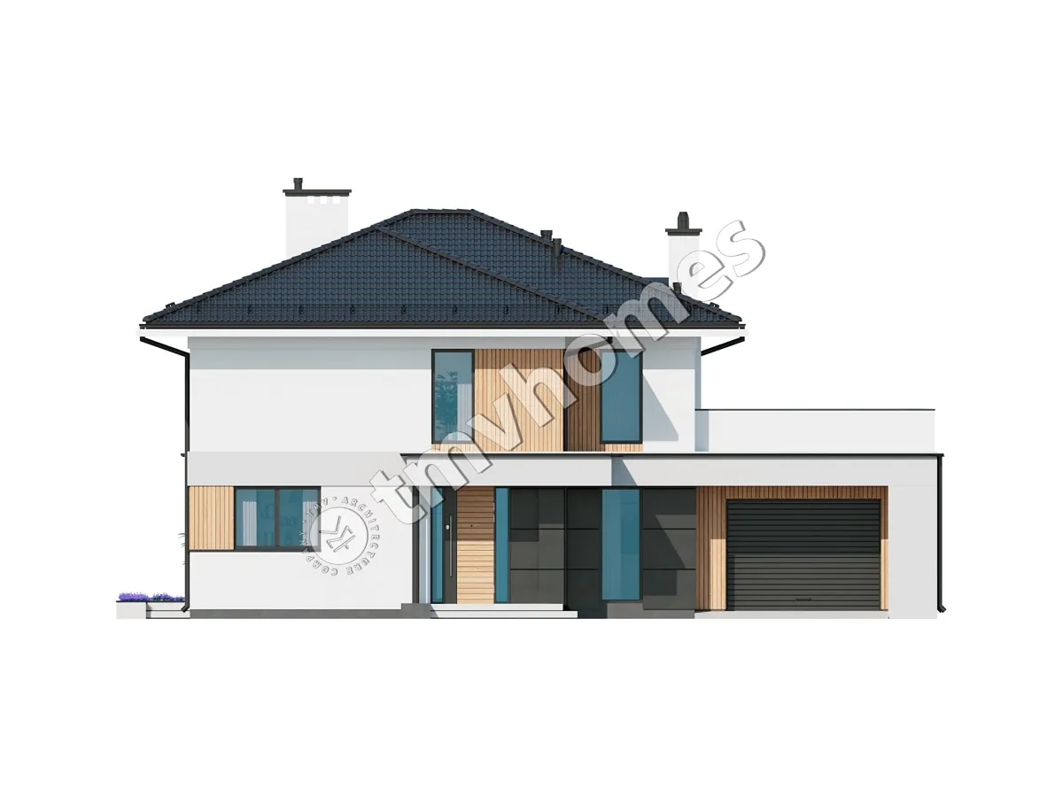 Projekt domu jednorodzinnego o pow. 270 m²: Piętrowy, 2 Sypialnie, Gabinet, 2 Łazienki, Otwarta kuchnia, Garaż