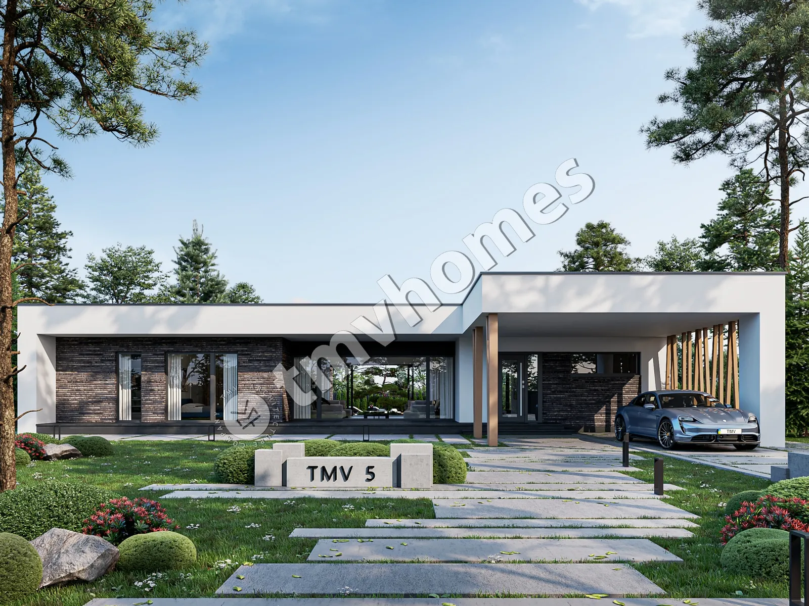 Projekt domu jednorodzinnego o pow. 215 m²: Parterowy, 3 Sypialnie, 3 Łazienki, Otwarta kuchnia, Wiata