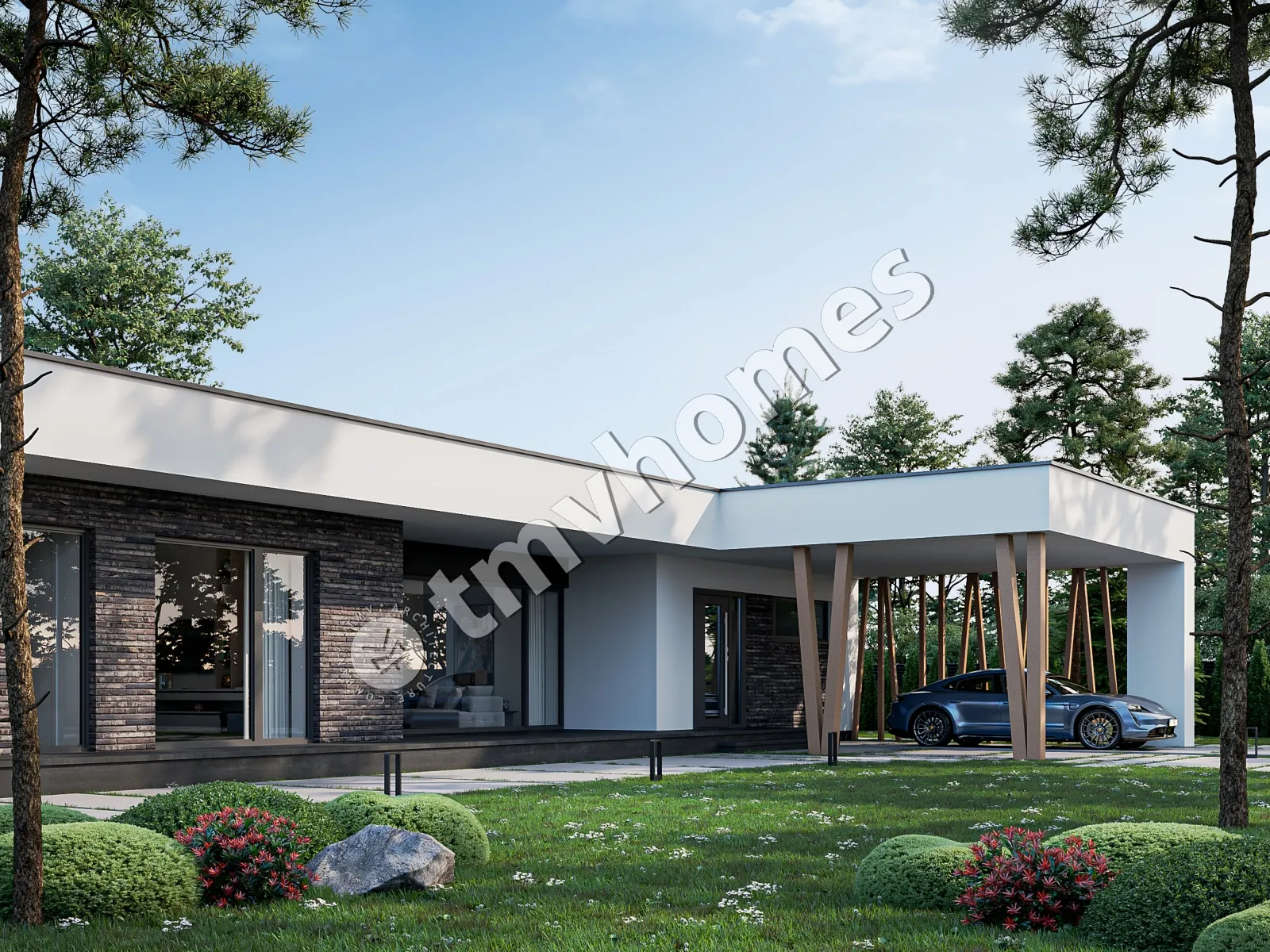 Projekt domu jednorodzinnego o pow. 215 m²: Parterowy, 3 Sypialnie, 3 Łazienki, Otwarta kuchnia, Wiata
