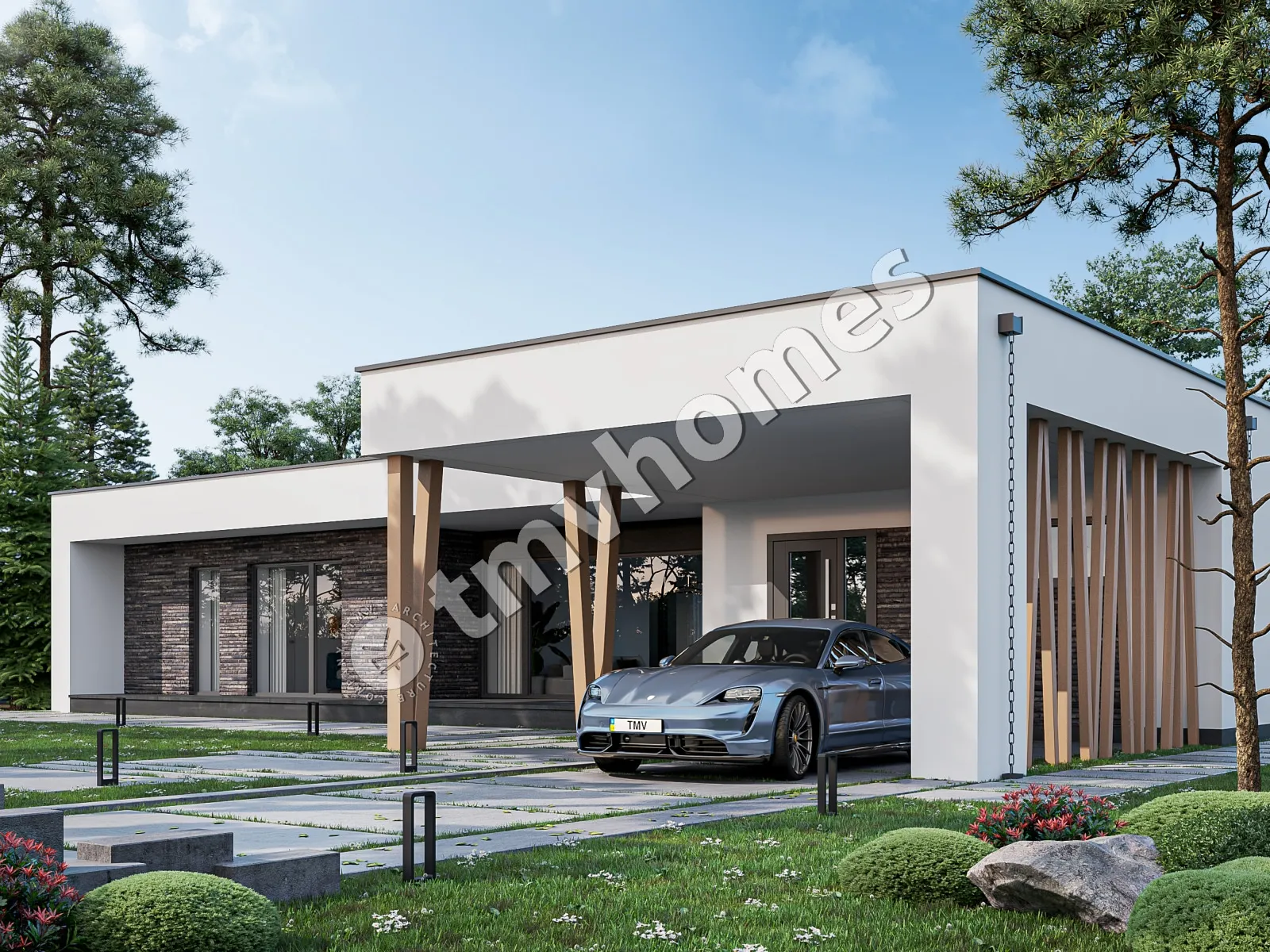 Projekt domu jednorodzinnego o pow. 215 m²: Parterowy, 3 Sypialnie, 3 Łazienki, Otwarta kuchnia, Wiata