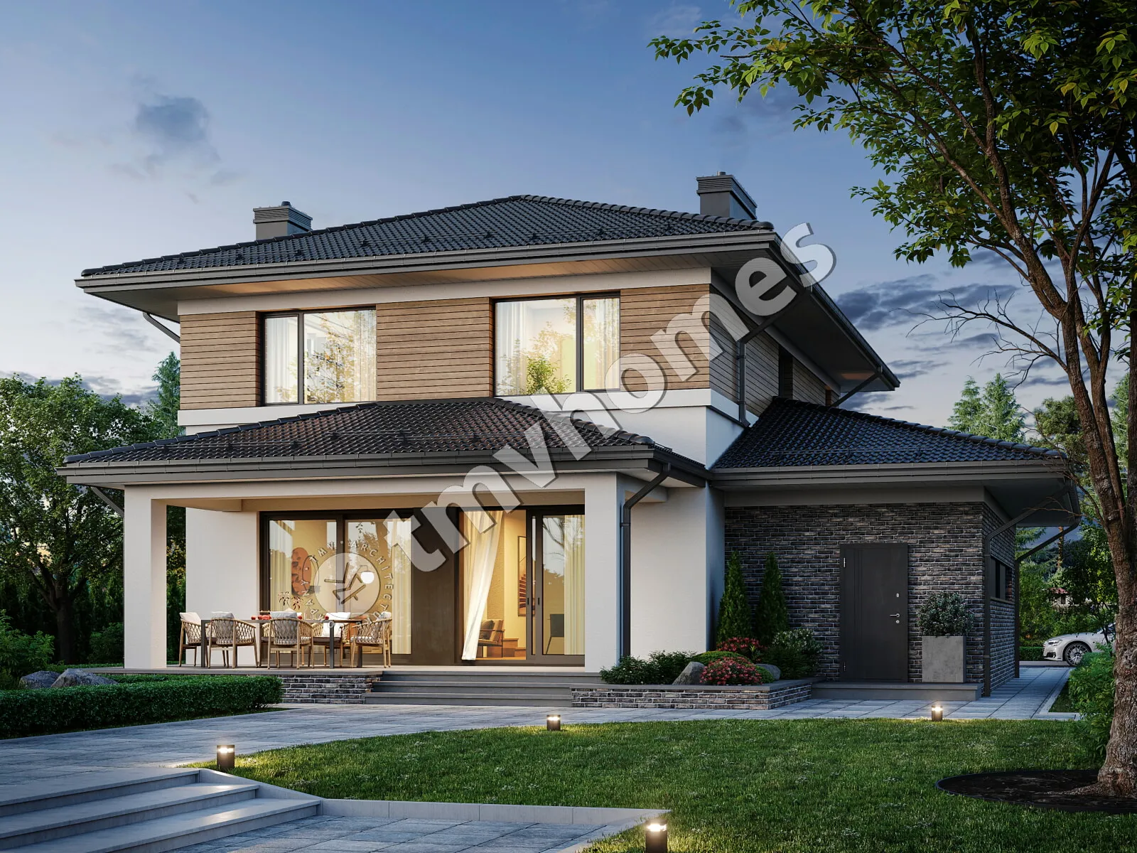Projekt domu jednorodzinnego o pow. 220 m²: Piętrowy, 3 Sypialnie, Gabinet, 3 Łazienki, Otwarta kuchnia, Garaż