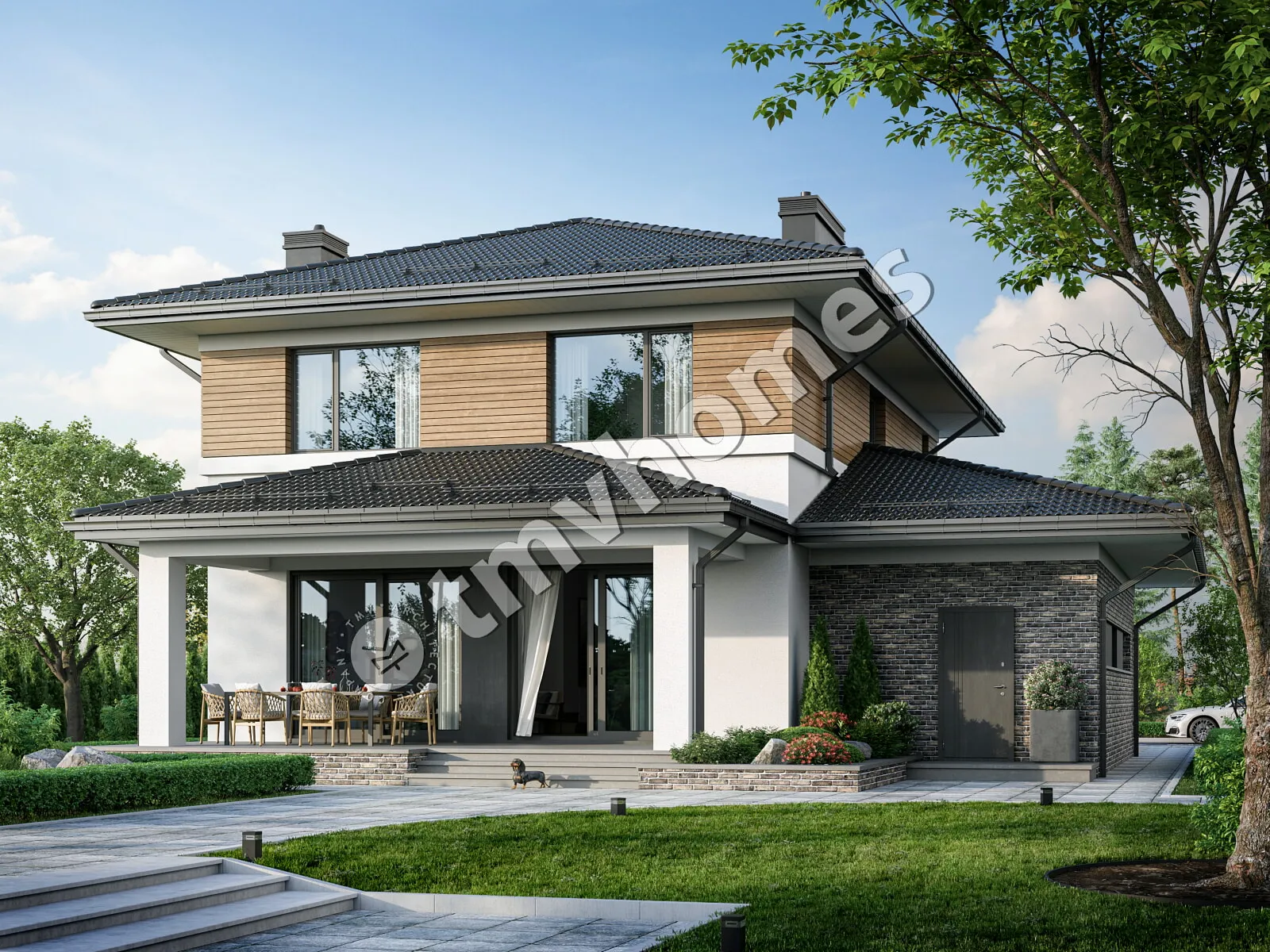 Projekt domu jednorodzinnego o pow. 220 m²: Piętrowy, 3 Sypialnie, Gabinet, 3 Łazienki, Otwarta kuchnia, Garaż