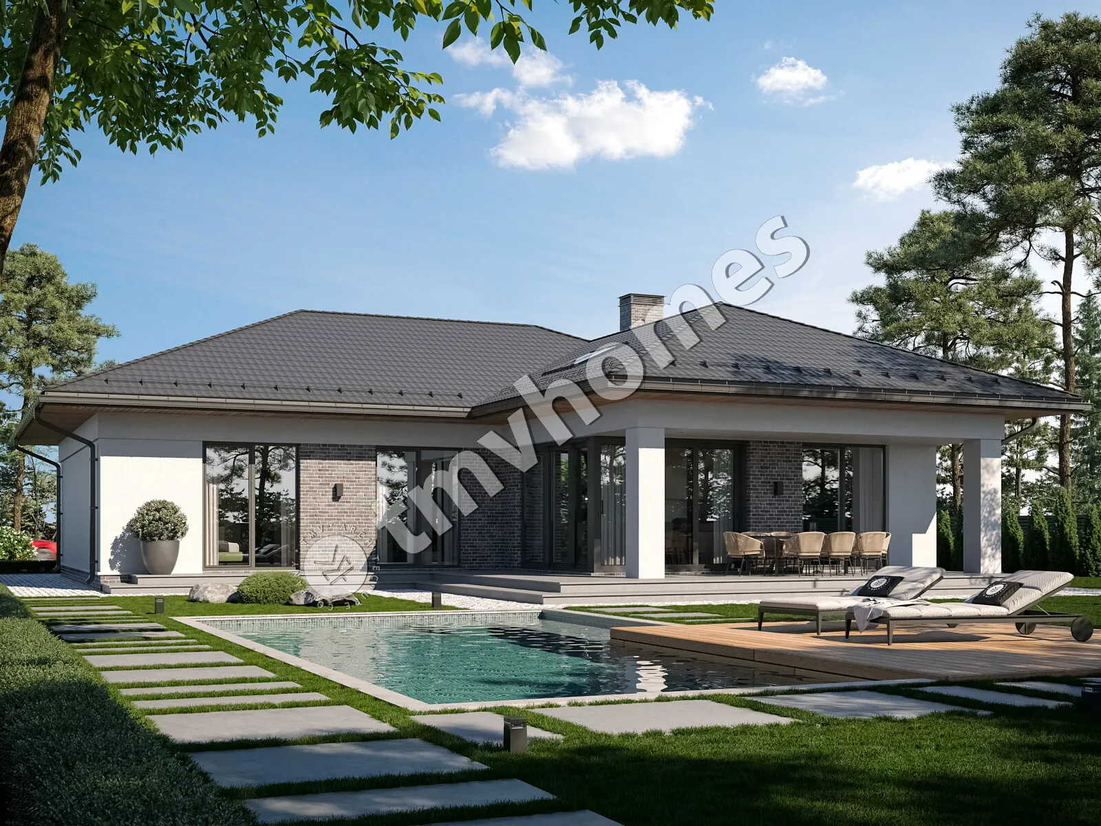 Projekt domu jednorodzinnego o pow. 163 m²: Parterowy, 3 Sypialnie, 2 Łazienki, Otwarta kuchnia, Garaż