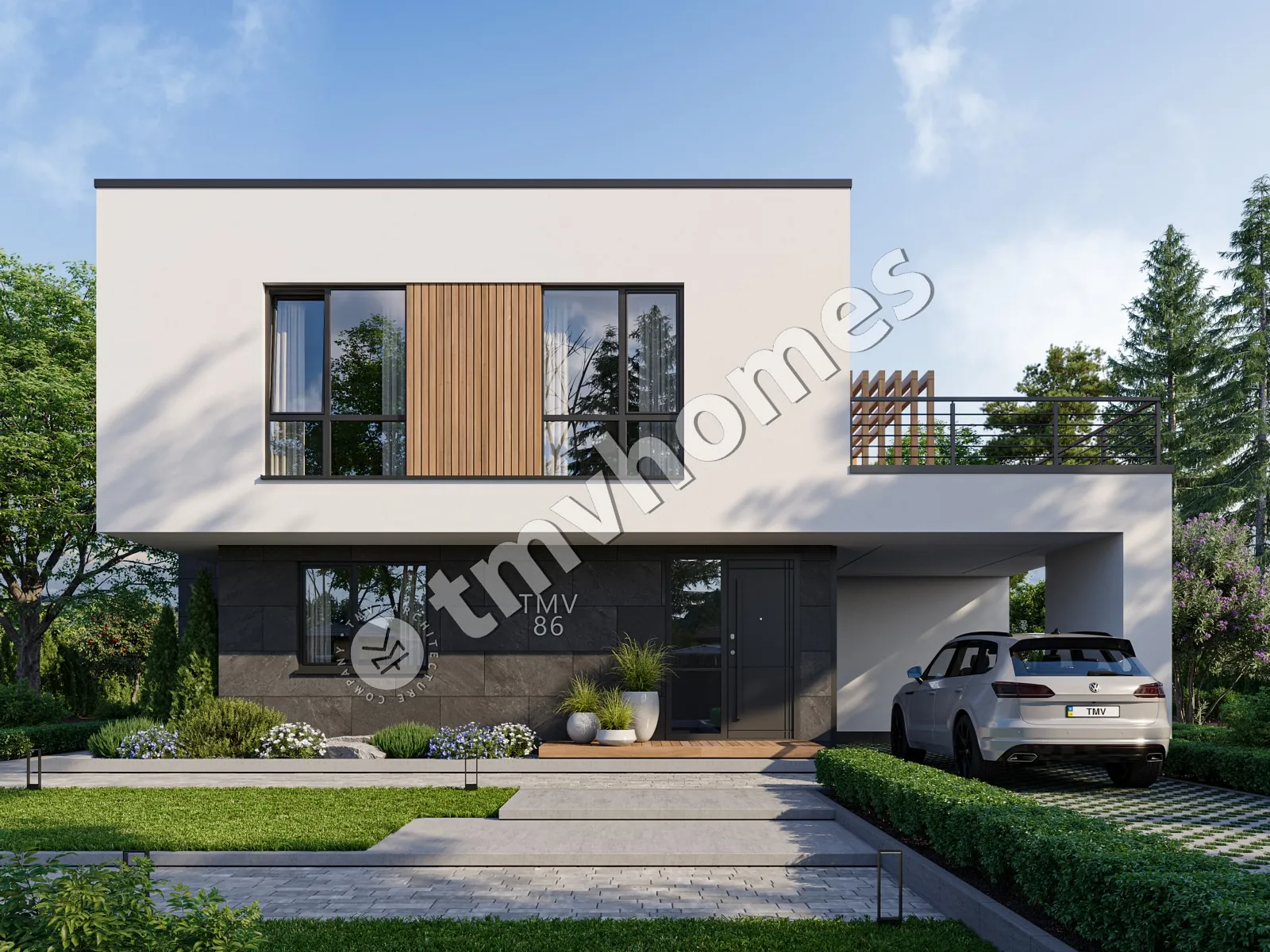 Projekt domu jednorodzinnego o pow. 197 m²: Piętrowy, 3 Sypialnie, 3 Łazienki, Otwarta kuchnia, Wiata
