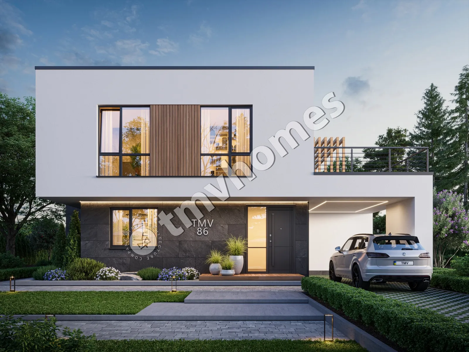 Projekt domu jednorodzinnego o pow. 197 m²: Piętrowy, 3 Sypialnie, 3 Łazienki, Otwarta kuchnia, Wiata