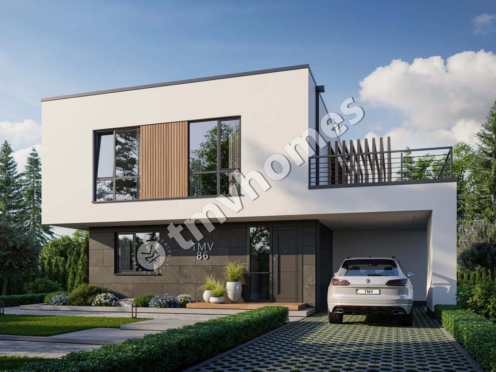 Projekt domu jednorodzinnego o pow. 197 m²: Piętrowy, 3 Sypialnie, 3 Łazienki, Otwarta kuchnia, Wiata