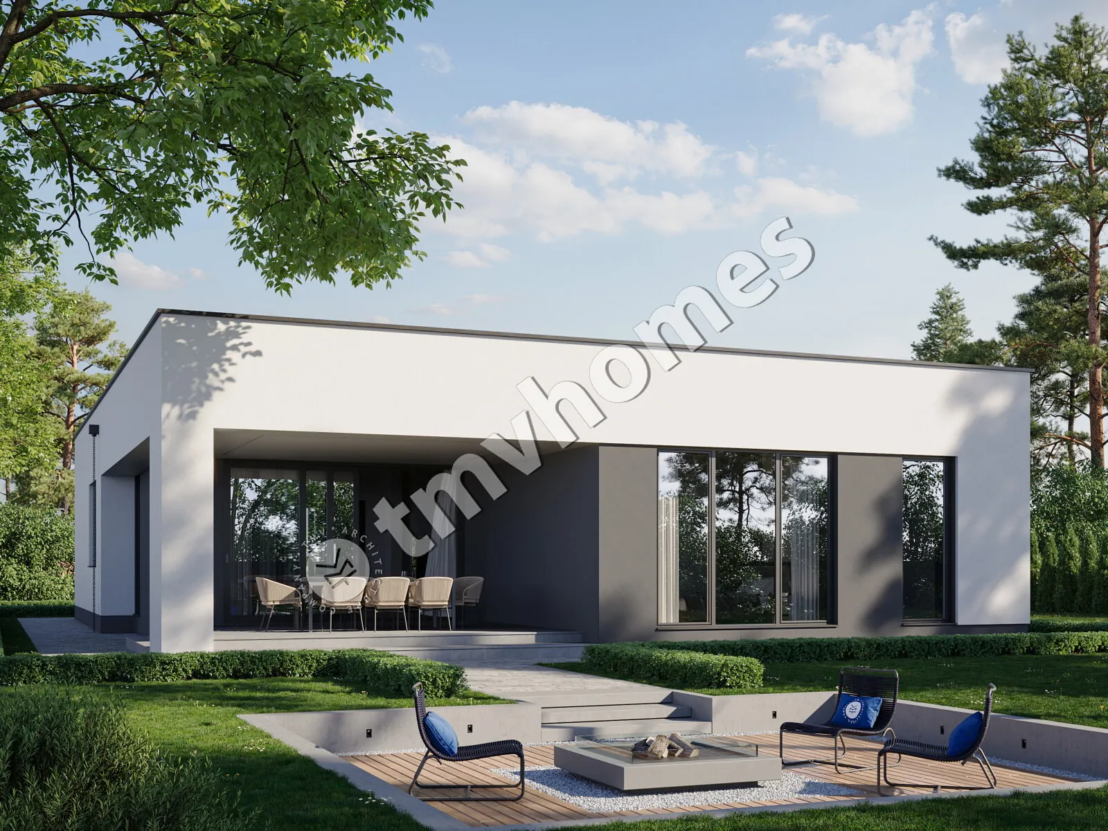 Projekt domu jednorodzinnego o pow. 155 m²: Parterowy, 3 Sypialnie, 2 Łazienki, Otwarta kuchnia, Wiata