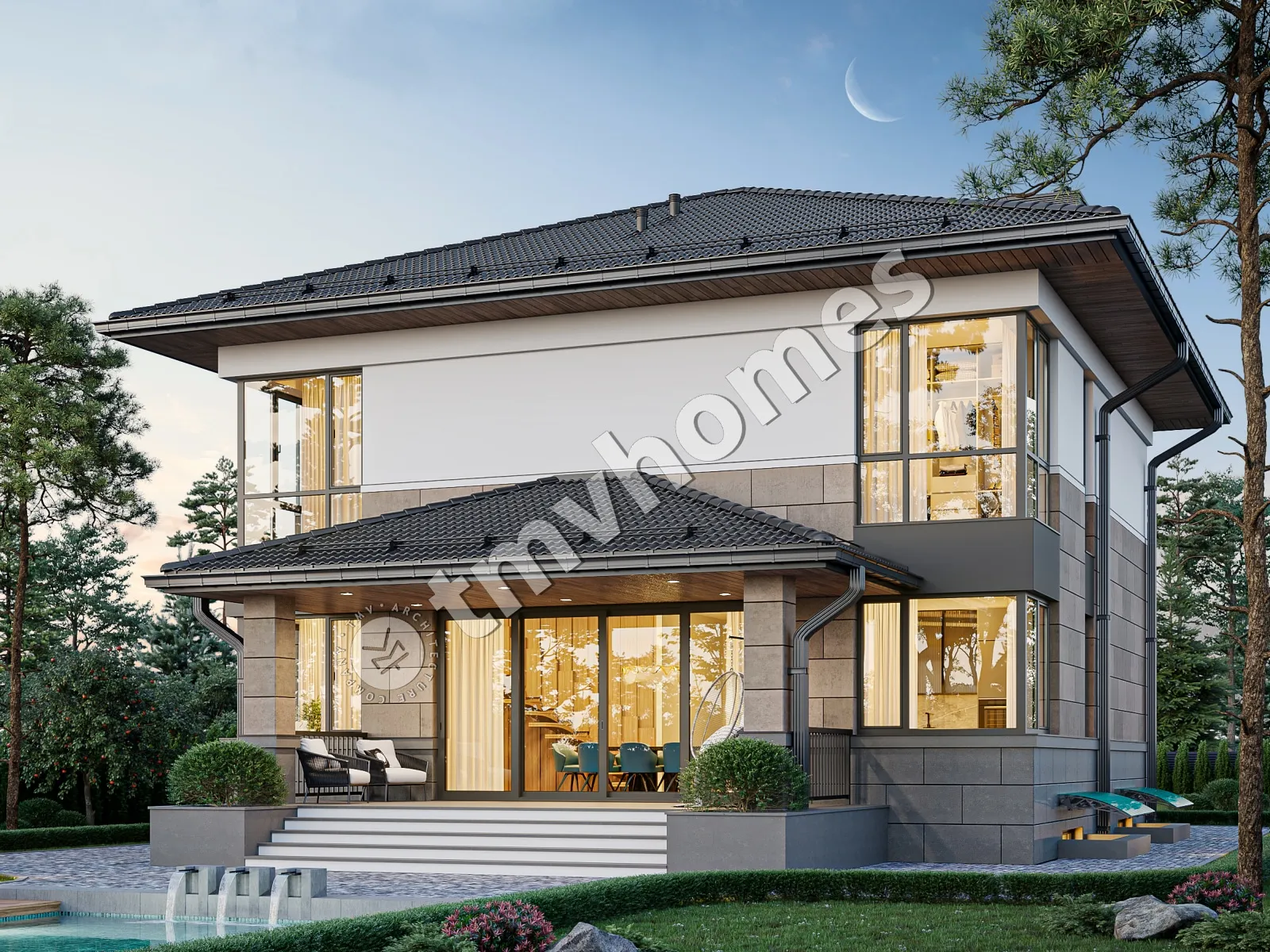 Projekt domu jednorodzinnego o pow. 341 m²: Piętrowy + Piwnica, 3 Sypialnie, Gabinet, 3 Łazienki, Otwarta kuchnia