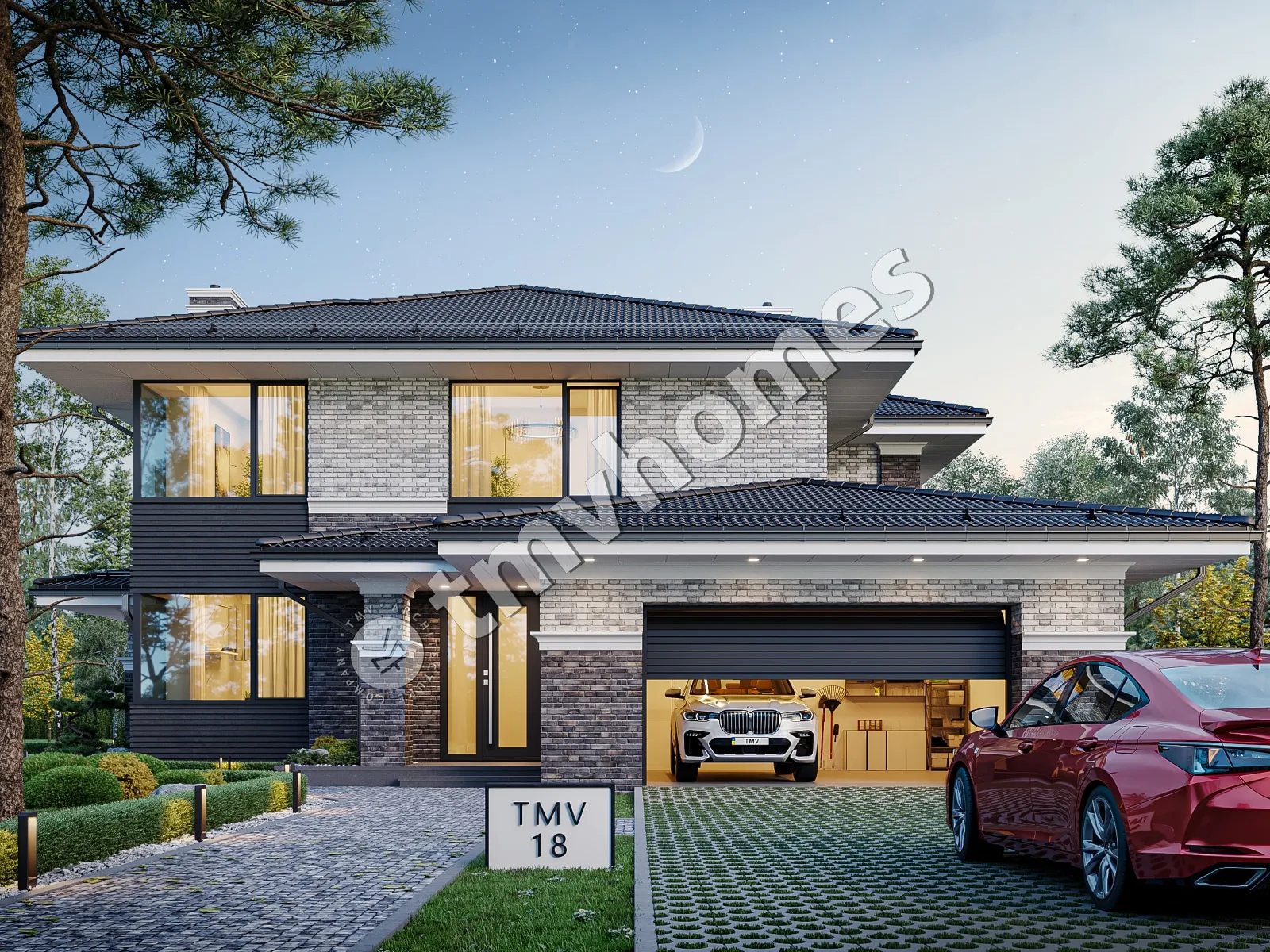 Projekt domu jednorodzinnego o pow. 310 m²: Piętrowy, 4 Sypialnie, Gabinet, 3 Łazienki, Otwarta kuchnia, Garaż
