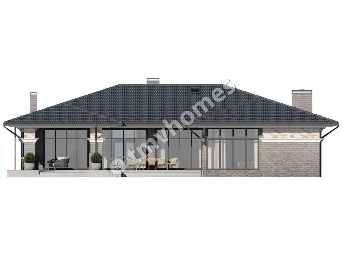 Projekt domu jednorodzinnego o pow. 243 m²: Parterowy, 3 Sypialnie, 3 Łazienki, Otwarta kuchnia, Wiata