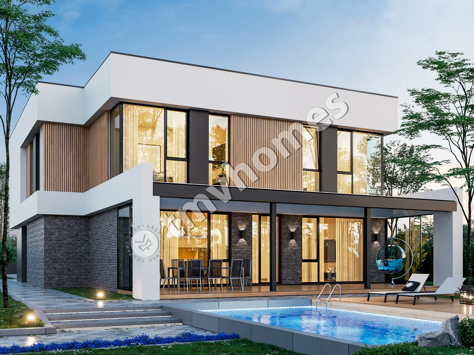 Projekt domu jednorodzinnego o pow. 252 m²: Piętrowy, 3 Sypialnie, Gabinet, 3 Łazienki, Otwarta kuchnia, Wiata