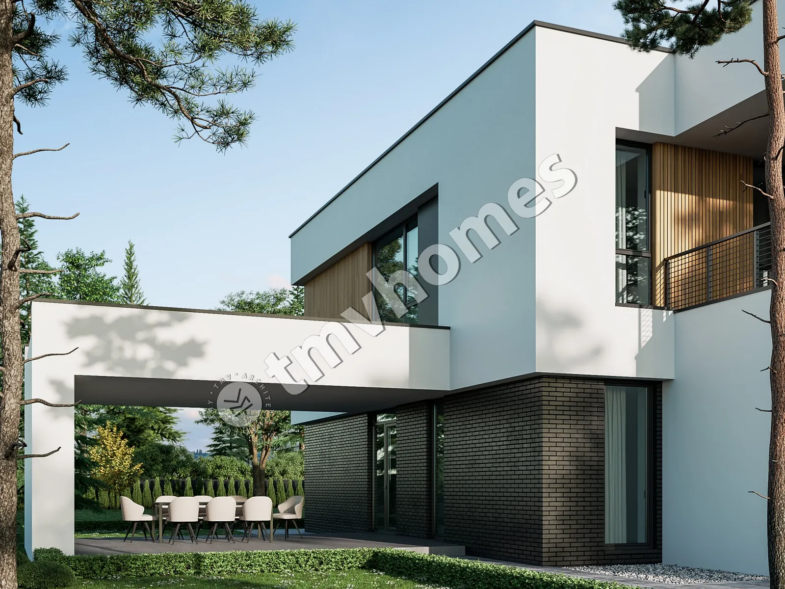 Projekt domu jednorodzinnego o pow. 363 m²: Piętrowy, 5 Sypialnie, 4 Łazienki, Otwarta kuchnia, Wiata