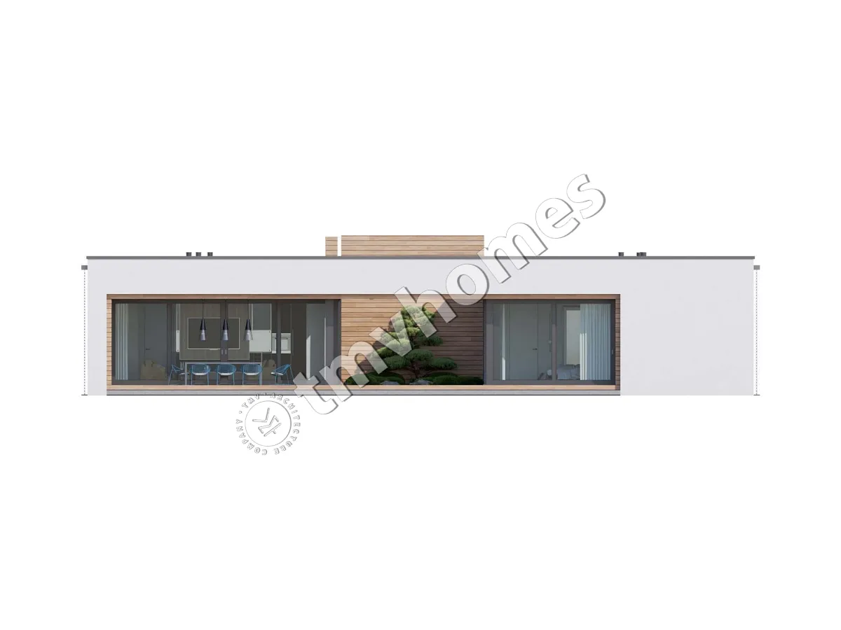 Projekt domu jednorodzinnego o pow. 243 m²: Parterowy, 4 Sypialnie, 5 Łazienki, Otwarta kuchnia, Wiata