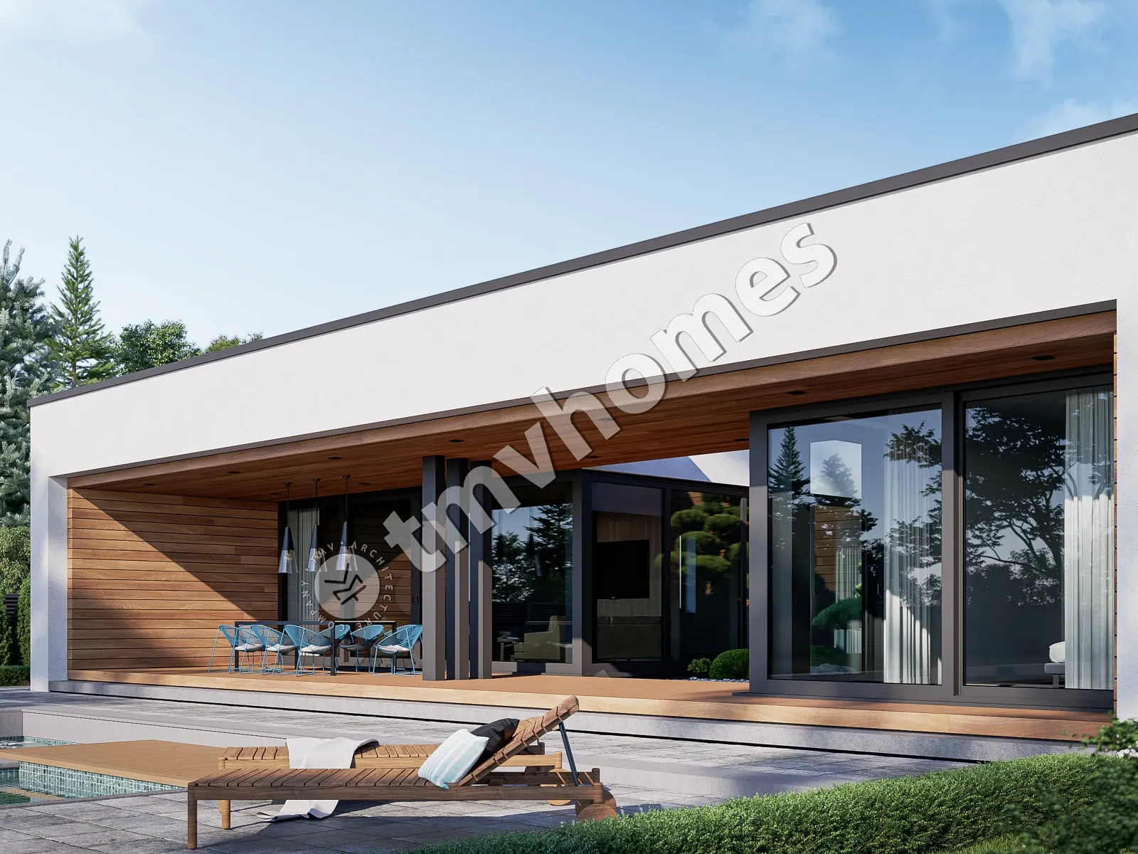 Projekt domu jednorodzinnego o pow. 243 m²: Parterowy, 4 Sypialnie, 5 Łazienki, Otwarta kuchnia, Wiata
