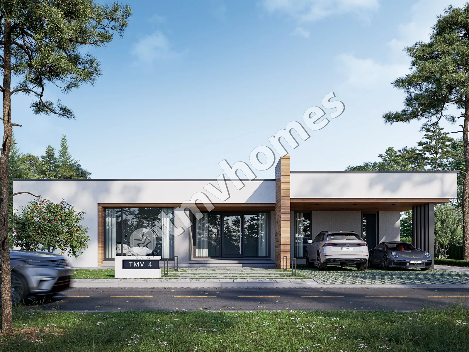 Projekt domu jednorodzinnego o pow. 243 m²: Parterowy, 4 Sypialnie, 5 Łazienki, Otwarta kuchnia, Wiata