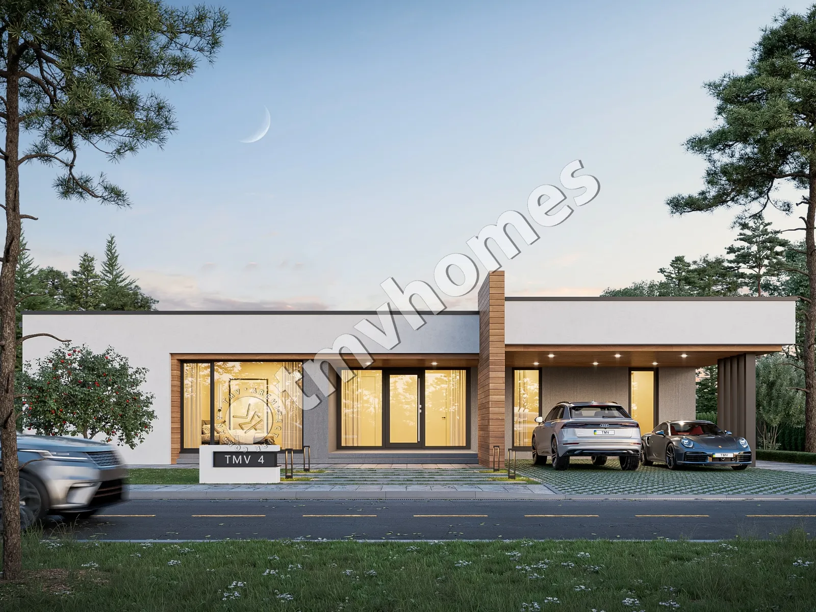 Projekt domu jednorodzinnego o pow. 243 m²: Parterowy, 4 Sypialnie, 5 Łazienki, Otwarta kuchnia, Wiata