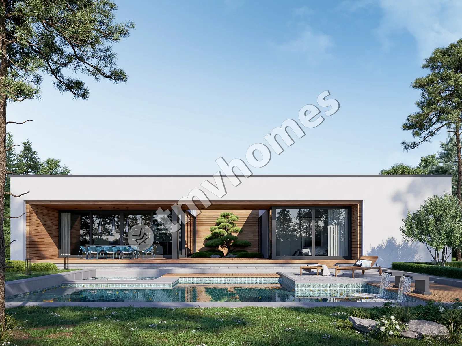 Projekt domu jednorodzinnego o pow. 243 m²: Parterowy, 4 Sypialnie, 5 Łazienki, Otwarta kuchnia, Wiata