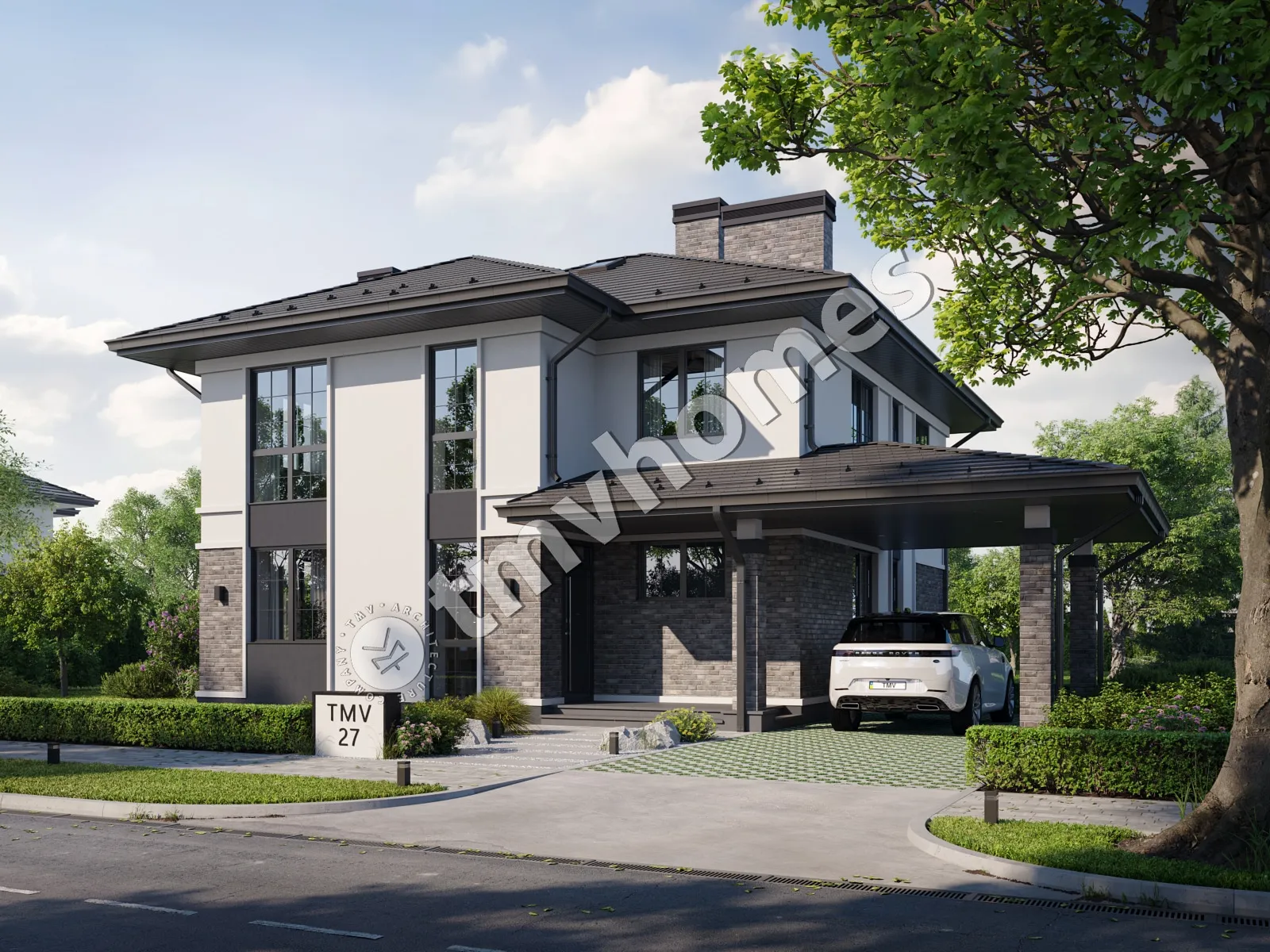 Projekt domu jednorodzinnego o pow. 205 m²: Piętrowy, 4 Sypialnie, 3 Łazienki, Otwarta kuchnia, Wiata