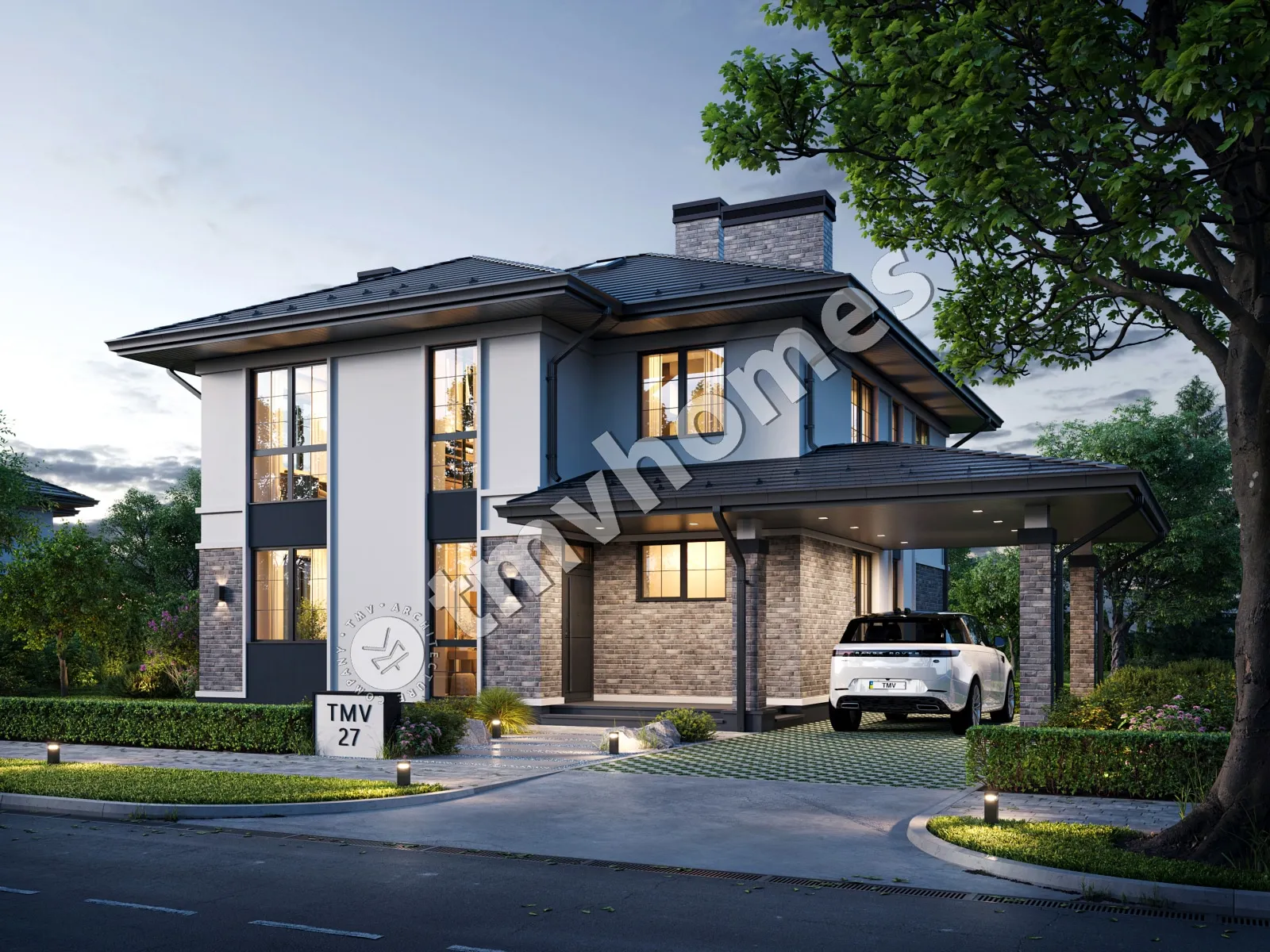 Projekt domu jednorodzinnego o pow. 205 m²: Piętrowy, 4 Sypialnie, 3 Łazienki, Otwarta kuchnia, Wiata