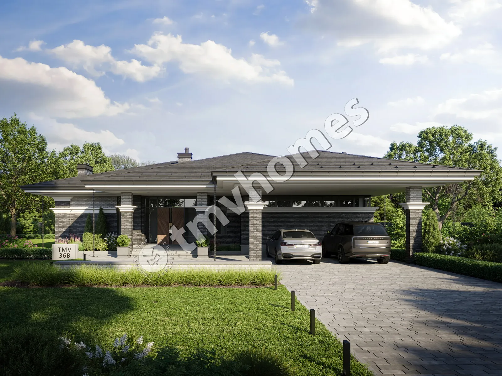 Projekt domu jednorodzinnego o pow. 209 m²: Parterowy, 3 Sypialnie, 3 Łazienki, Otwarta kuchnia, Wiata