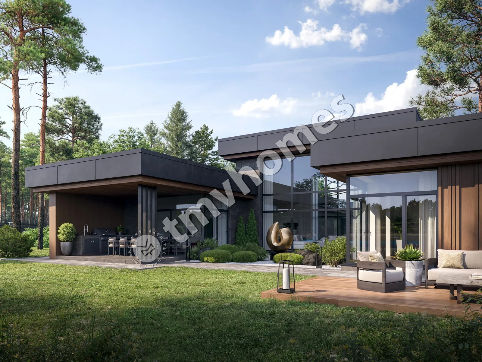 Projekt domu jednorodzinnego o pow. 287 m²: Parterowy, 3 Sypialnie, Gabinet, 3 Łazienki, Otwarta kuchnia, Wiata