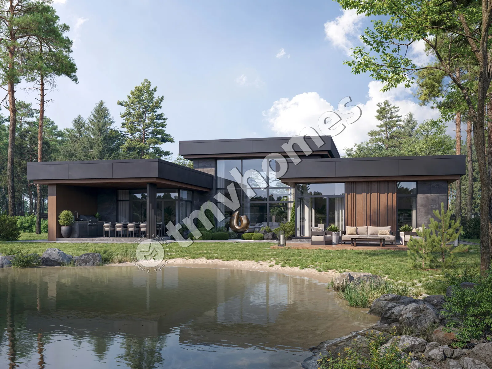 Projekt domu jednorodzinnego o pow. 287 m²: Parterowy, 3 Sypialnie, Gabinet, 3 Łazienki, Otwarta kuchnia, Wiata