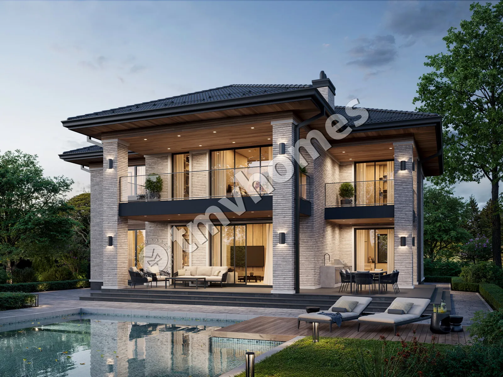 Projekt domu jednorodzinnego o pow. 353 m²: Piętrowy, 4 Sypialnie, Gabinet, 3 Łazienki, Wiata