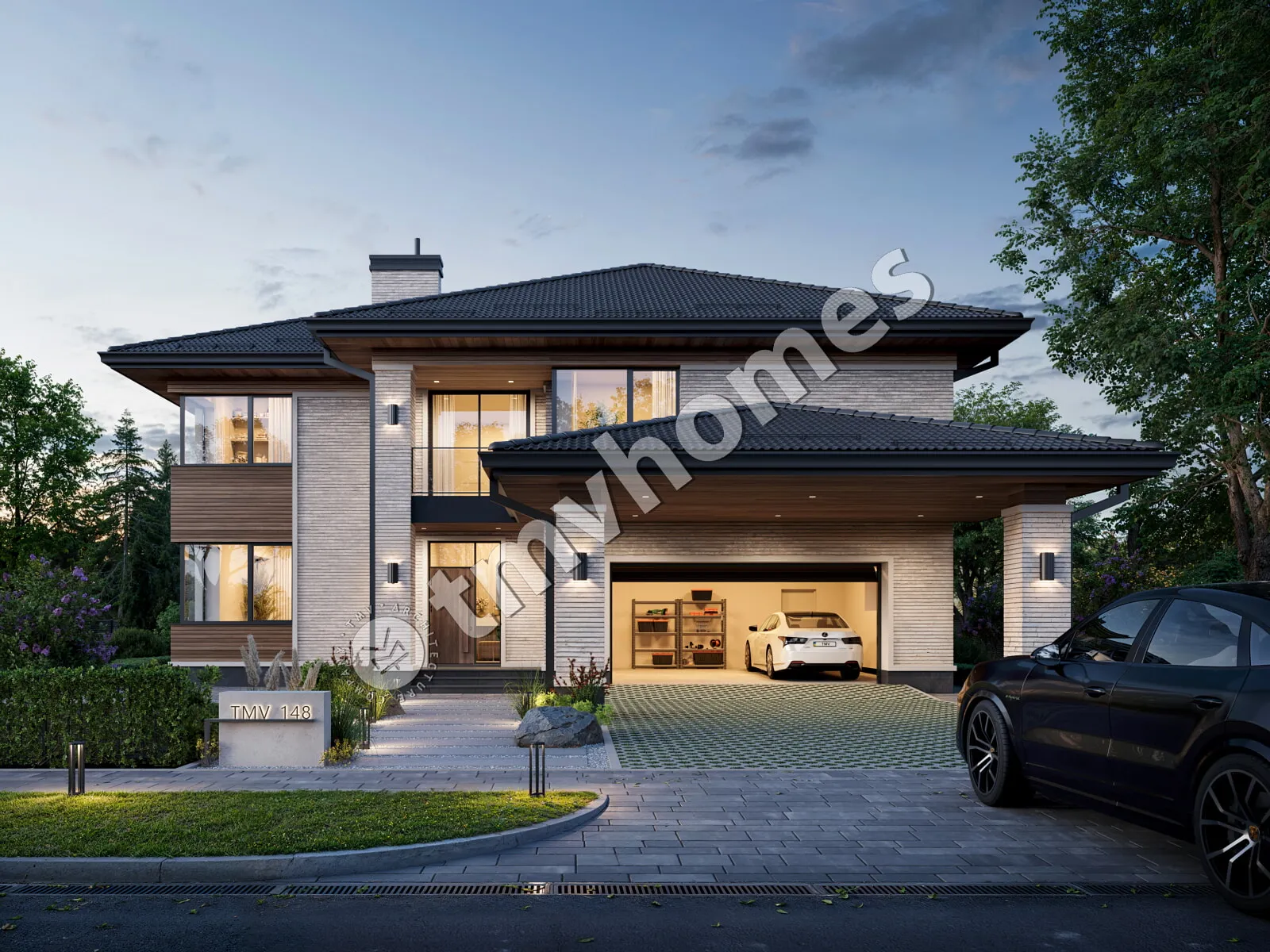 Projekt domu jednorodzinnego o pow. 353 m²: Piętrowy, 4 Sypialnie, Gabinet, 3 Łazienki, Wiata